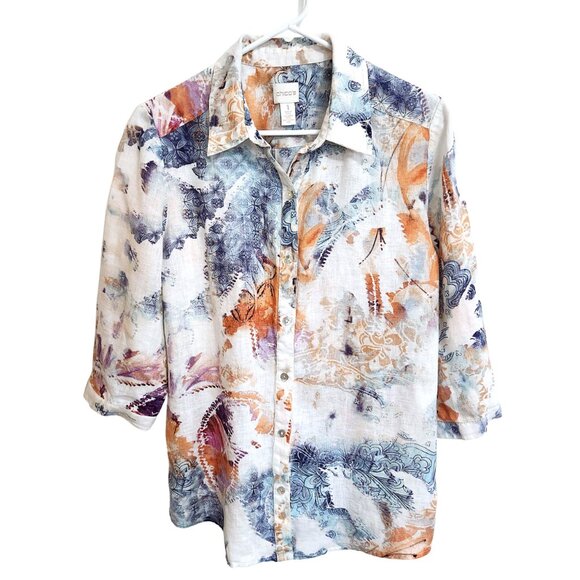 Chico's 3/4 Sleeve Button Up Collared Linen Blouse Blue Orange White Splash Sz 8 - Picture 1 of 14